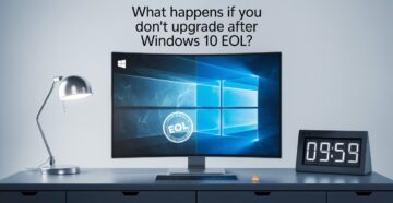 windows 10 EOL showing in desktop placed on desk with lamp and clock