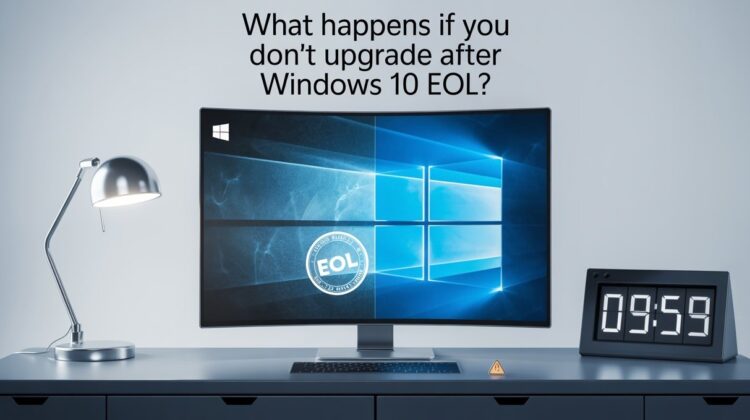 windows 10 EOL showing in desktop placed on desk with lamp and clock