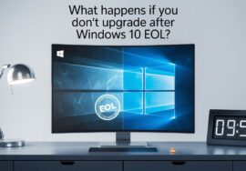 windows 10 EOL showing in desktop placed on desk with lamp and clock
